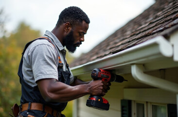 A black man on a ladder installing aluminum gutters on the edge of a house roof. He is dressed in simple work attire, focused on securing the gutter with a power drill