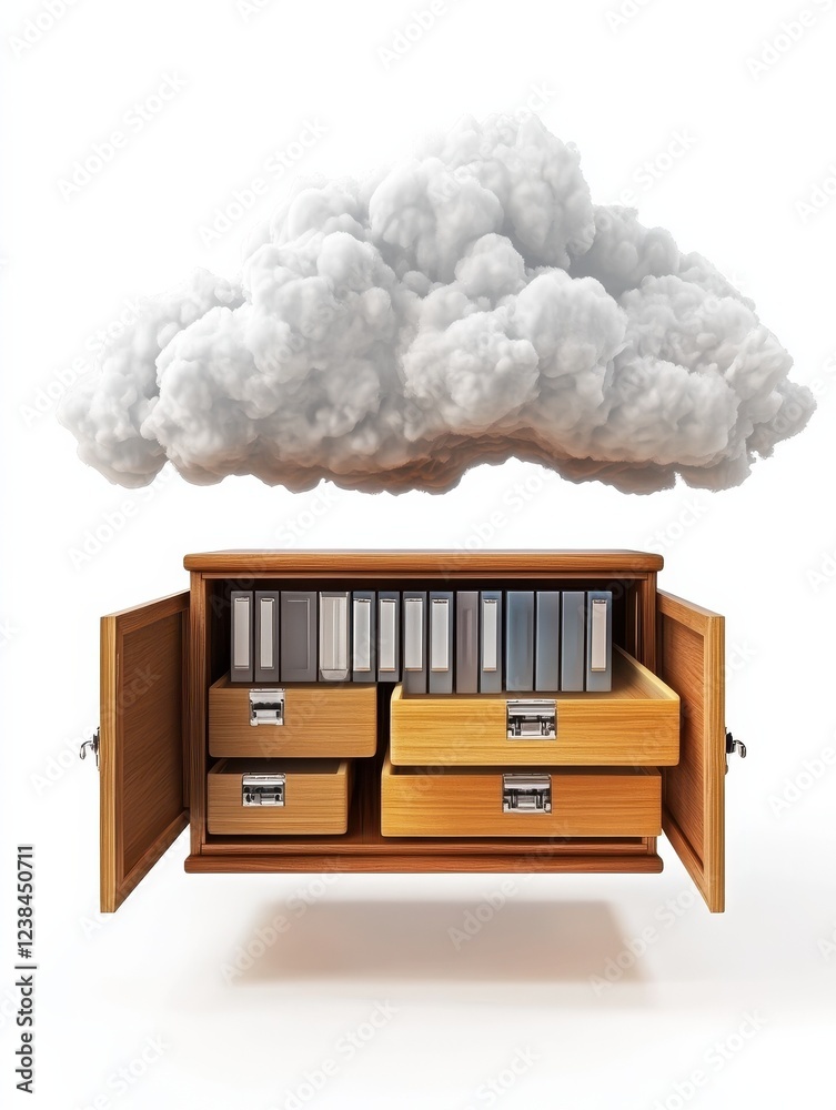 Poster 3d renderer image. file storage in cloud. cloud computing concept. isolated white background.