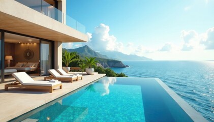 Fototapeta premium Sun-drenched villa, infinity pool overlooking ocean, infinity pool, tropical, home