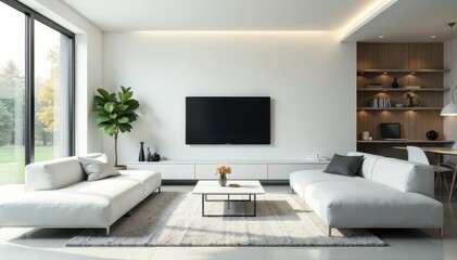 Spacious white living area, sleek gray storage unit , interior design, airy