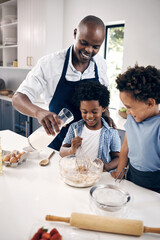 Baking, children and dad in kitchen, bonding and happy with boys, home and ingredients for dessert. House, black man and teaching of recipe to kids, smile and preparation of cake, love and family