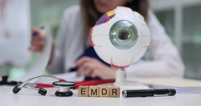 This image shows a closeup of an eye model used in EMDR therapy, highlighting its role in mental health