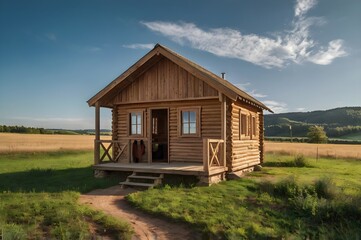 Obraz premium Small wooden cabin in a picturesque rural landscape surrounded by open fields and greenery under a clear blue sky.