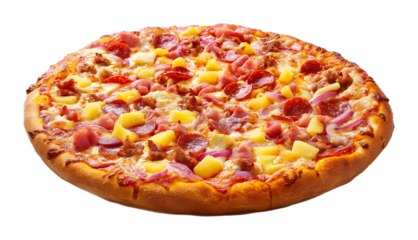 Hawaiian pizza topped with pepperoni, isolated on a white background