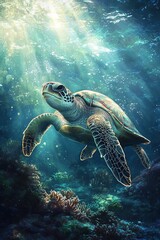 Fototapeta premium A turtle swimming in the ocean under sunlight,