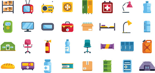 Preparing for emergencies with essential bunker supplies, including food, furniture, first aid, and communication devices, ensuring survival and comfort