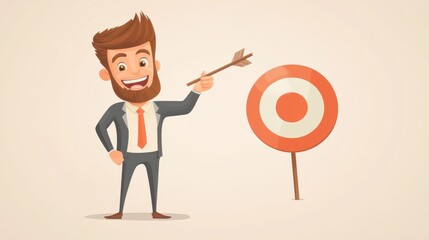 A Caucasian salesman happy standing while his hand pointing to the arrow from target pad shows that he hit his target sales. Business concept. A Contemporary style with pastel palette, soft beige