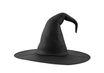 Black witch hat with a curved tip, isolated on white background