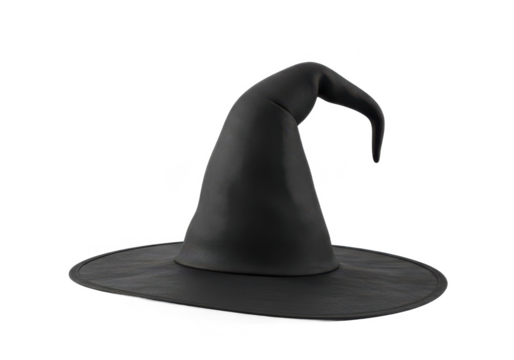 Black witch hat with a curved tip, isolated on white background