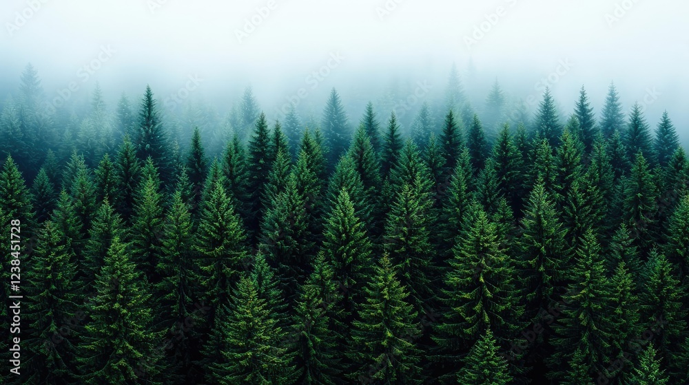 Poster misty forest nature idea. a serene misty forest with dense evergreen trees, creating a tranquil natu