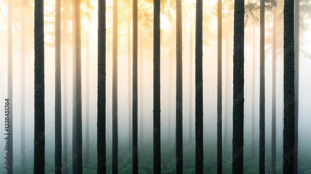 Aufkleber misty forest nature idea. a serene forest scene with tall trees enveloped in fog, capturing a tranqu