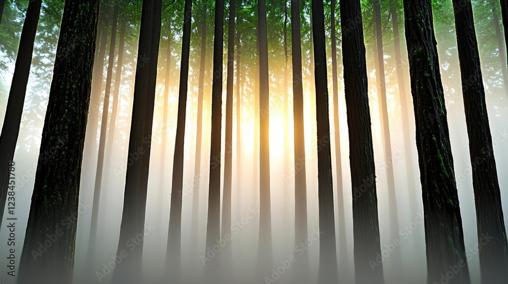 Poster misty forest nature idea. a serene forest scene with tall trees and sunlight filtering through the m