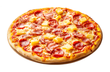 Hawaiian pizza topped with pepperoni, isolated on a white background