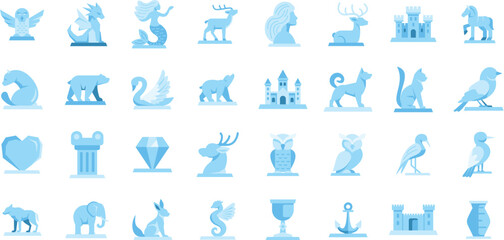 Diverse collection of light blue heraldic clip art icons depicting various animals, mythical creatures, and objects, perfect for logo design or historical projects