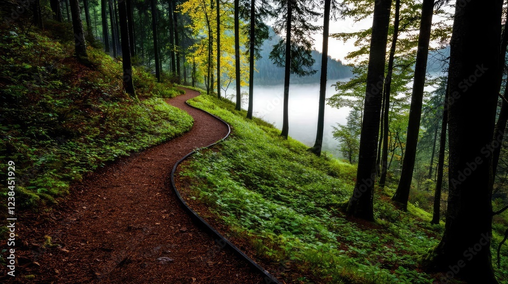 Aufkleber misty forest nature idea. a serene forest path winding through lush greenery and misty scenery.