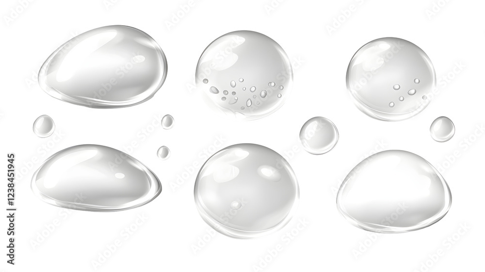 Aufkleber transparent spherical water bubbles and droplets reflecting light on a glossy minimalist glass surfa