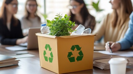 Office Sustainability: Recycling Box with Plants and Bottles