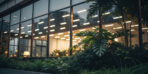 Lush Tropical Plants Frame a Modern Building's Illuminated Interior at Dusk