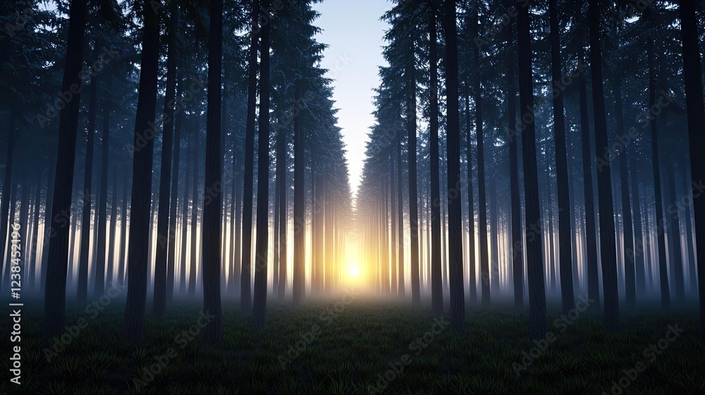 Aufkleber misty forest nature idea. a tranquil forest at dawn, showcasing tall trees and soft sunlight filteri