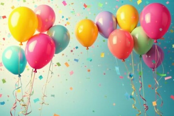 Colorful balloons and streamers against a bright background, happy, celebration, party