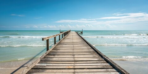 Obraz premium Serene ocean view from a weathered wooden pier extending into calm turquoise waters on a sunny day