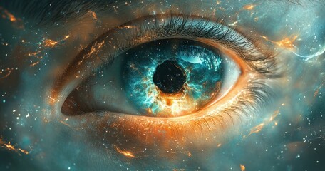 Abstract Digital Art Cosmic Eye with Swirling Particles and Vibrant Colors