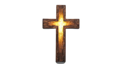 Glowing wooden christian cross with transparent background symbolizing faith and spirituality