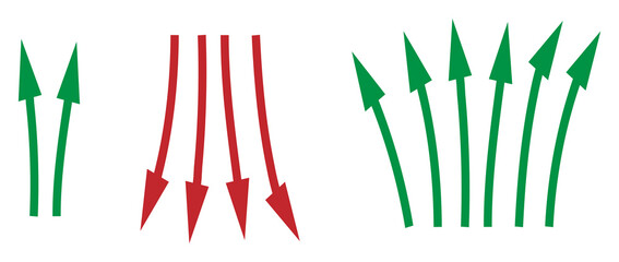 going Up and Down sign with green and red arrows vector. Flat design vector illustration concept of sales bar chart symbol icon with arrow moving down and sales bar chart with arrow moving up. eps10