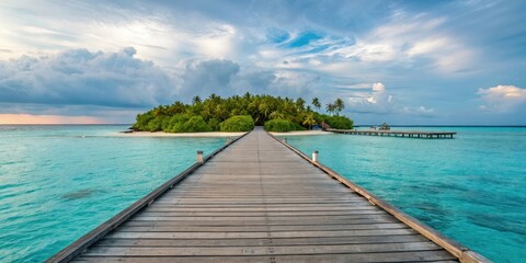 Fototapeta premium Wooden walkway leading to a tropical island paradise under a partly cloudy sky