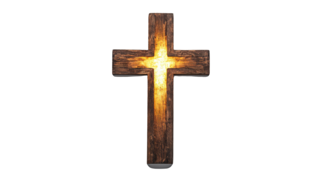 Glowing wooden christian cross with transparent background symbolizing faith and spirituality