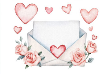 A romantic envelope surrounded by roses and hearts, perfect for love-themed designs.