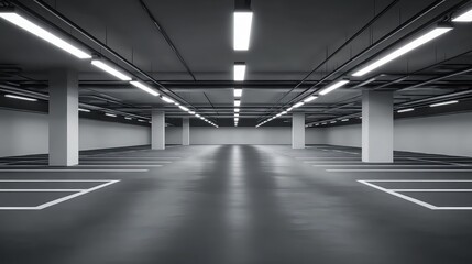 Fototapeta premium Empty modern parking garage interior, bright lights, floor markings, potential use architecture, design