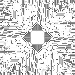 Circuit board. Black and white abstract technology background. Vector illustration of the motherboard. Multiple contacts delivering the signal to the center. Monochrome microchip illuminated by