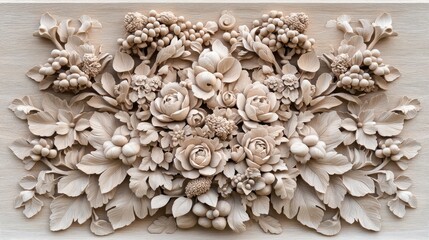Intricate floral bas-relief carving, beige stone, wall decor
