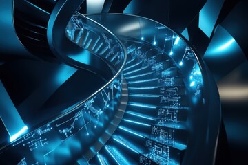 Modern spiral staircase with blue glowing circuits in high-tech environment