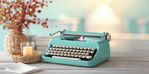 Pastel vintage typewriter with cozy rustic workspace. Vintage teal typewriter beside a candle and decorative plant on a wooden table, creating a cozy and nostalgic atmosphere.