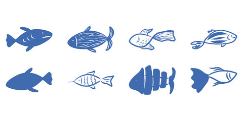 Blue fish set, mediterranean fish doodle drawings