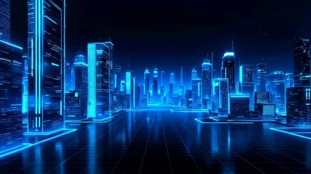 Futuristic neon cityscape with glowing blue skyscrapers reflecting on water surface. Digital metropolis in cyberpunk style. Night urban landscape with modern buildings and neon lights