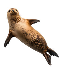 A playful seal with its flippers outstretched, lying on a white surface. Transparent background