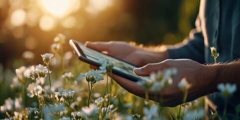 Farmer using digital tablet analyzing growth and development of plants in blooming flower field at sunset, implementing modern technologies in agriculture