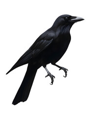 Obraz premium A sleek black crow, perched on a white branch, with a sharp beak. Transparent background