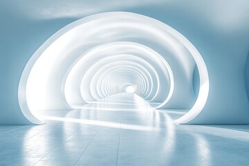 Fototapeta premium Futuristic Architecture Tunnel with Blue Lines on White Background. Minimalist Design, 3D Rendering for Tech Concept.