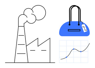 Factory with smoke, blue handbag with tag, and upward-trending data chart. Ideal for economic analysis, consumer behavior, production, manufacturing, environmental impact, market trends business