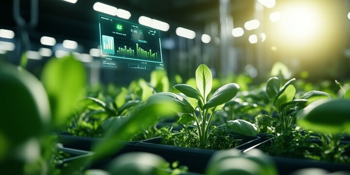 Seedlings thriving under led grow lights in a cutting edge vertical farm, featuring a digital interface displaying real time growth data and environmental parameters