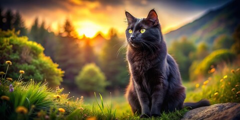 Black Cat in Landscape: Sideways Gaze, PNG