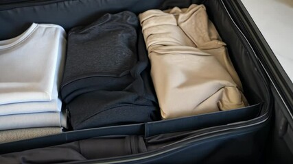 Neatly folded clothing inside a suitcase ready for travel to an exciting destination