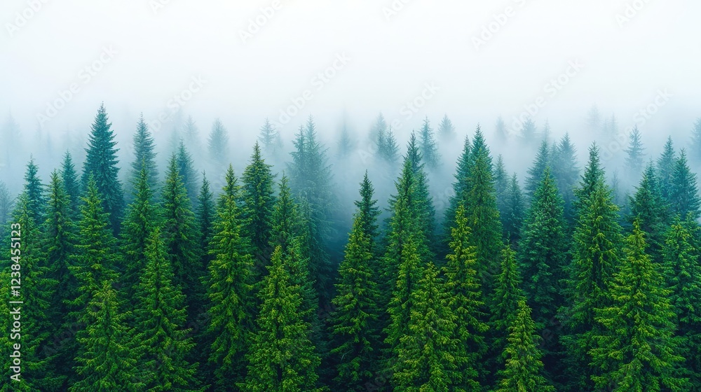 Aufkleber misty forest nature idea. lush evergreen forest blanketed in mist, creating a tranquil and serene at