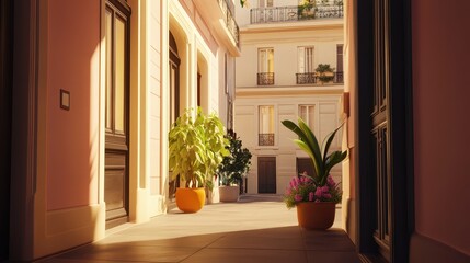 Sunlit European Alleyway With Planters And Doors