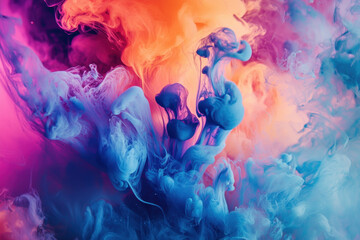 Obraz premium Abstract swirling ink clouds in electric blue and warm magenta, fluid color diffusion