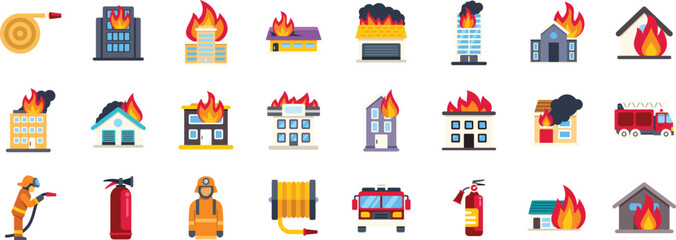 Fototapeta premium Firefighters are working to put out building fires using various equipment, including fire extinguishers, water hoses, and fire trucks